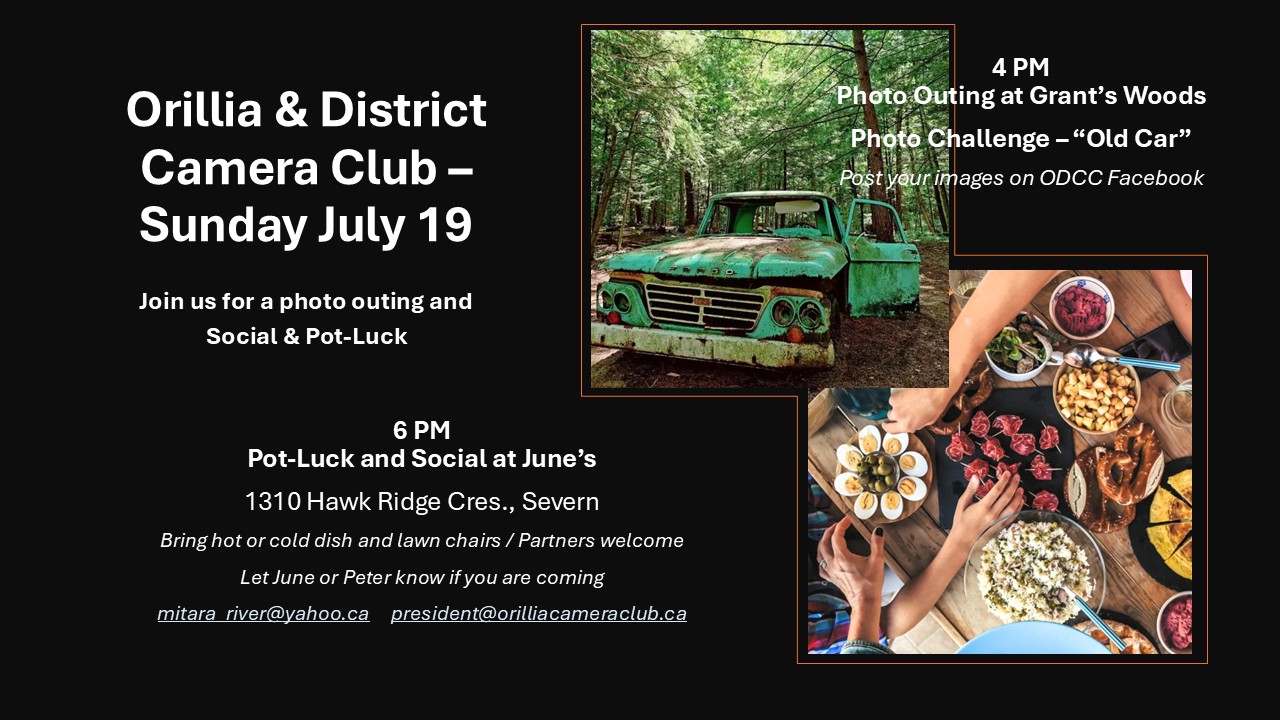 announcement for the summer event with pictures of old truck at grant's woods and a potluck dinner.